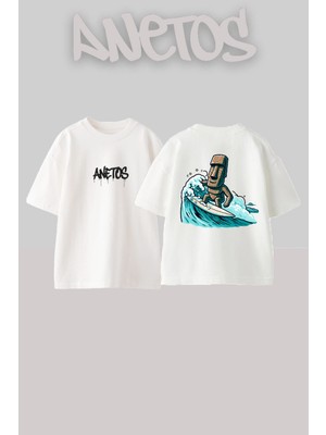 Anetos Sorf Yapan Heykel Tasarım Sırt Baskılı Pamuk Beyaz Oversize T-Shirt