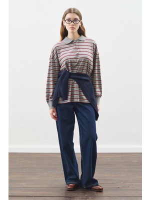 Manuka Gri Polo Yaka Oversize TShirt Kadın Uzun Kol Günlük Stil Dokuma Malzeme