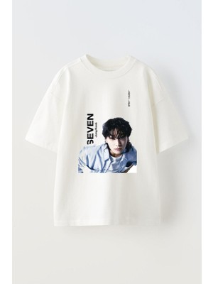 Anetos Seven Jungkook Baskılı Ünisex Pamuk Beyaz Oversize T Shirt