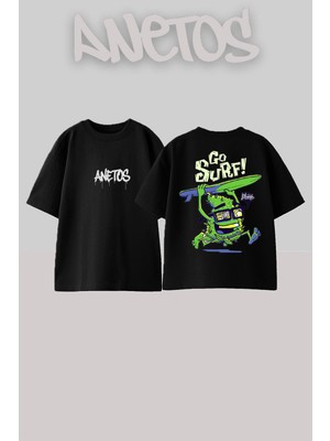 Anetos Go Surf Tasarım Sırt Baskılı Pamuk Siyah Oversize T-Shirt