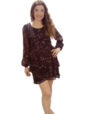 Zy Plus Kahve Çiçekli Uzun Kollu Şifon Kısa Elbise
