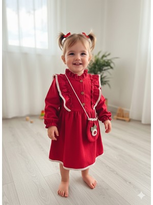 Şimo Butik Uzun Kollu Dantel Detaylı Vintage Fitilli Kadife Çantalı Kız Çocuk Elbisesi