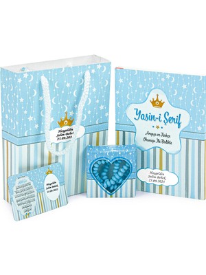 İhvan Online 20 Adet Hediyelik 4'lü Mevlüt Seti - Isme Özel Etiketli - Çanta, Tesbih, Magnet, Yasin Kitabı - Mavi