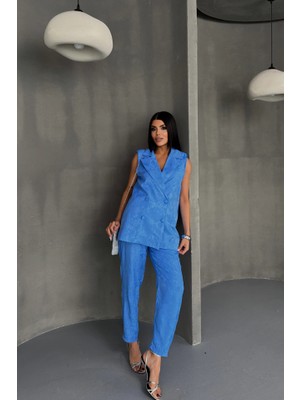 Etiler Collection Jakar Kumaş Yelek - Pantolon Takım - Mavi