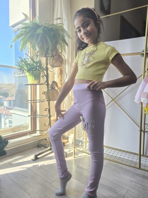 Şimo Butik Kız Çocuk Tayt Kışlık Pamuklu Beli Lastikli Oyuncak Ayılı Lila