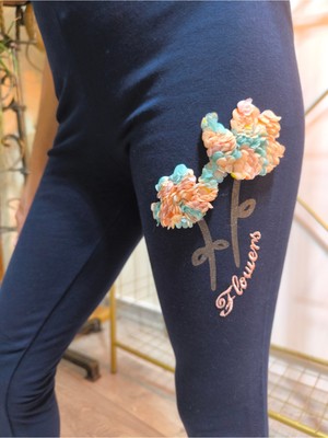 Şimo Butik Kız Çocuk Tayt Kışlık Şardonlu Pamuklu Beli Lastikli Nakışlı Lale Lacivert