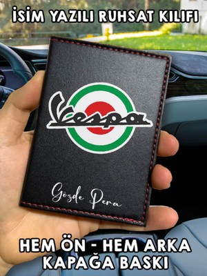 Nurdic Vespa Ön Arka Baskılı Oto Araç Ruhsat Kabı Kartlık Deri Isim Yazılı Kişiye Özel Cüzdan