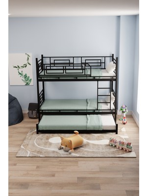 Moblay Defne Yavrulu Genç Çocuk Yatak Odası Metal Ranza ve Karyola Siyah