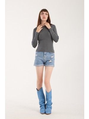 Parmak Geçmeli Uzun Kollu Body - Uzun Kol Body Bisiklet Yaka Likralı