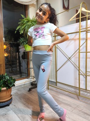 Şimo Butik Kız Çocuk Tayt Kışlık Şardonlu Pamuklu Beli Lastikli Nakışlı Papatya Gri