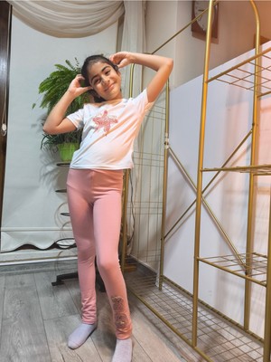 Şimo Butik Kız Çocuk Tayt Kışlık Pamuklu Şardonlu Beli Lastikli Kurdeleli Köpekli Gül Kurusu Dar Kalıp