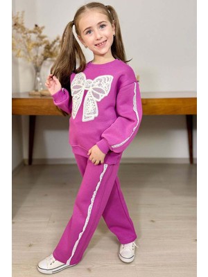 Riccotarz Kız Çocuk Göğsü Kurdela Dantel Şerit Detaylı Bağcıklı 3 Iplik Mor Eşofman Takım
