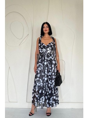 Janes Siyah Şifon Drapeli Elbise