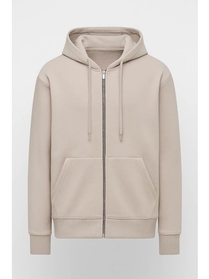 Valiberta Içi Peluş Üç Iplik Kumaş Oversize Fermuarlı Kapüşonlu Sweatshirt - Kum Beji