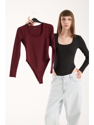 Kare Yaka Altdan Çıt Çıtlı Body - Kare Yaka Body Likralı