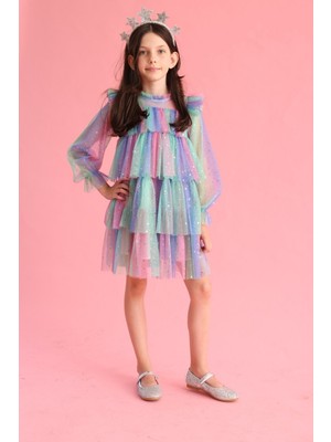 Le Mabelle Çok Renkli  Varak Yıldız Baskılı Katlı Kız Çocuk Elbise - Chloe