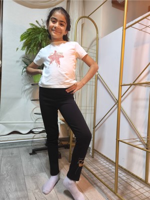 Şimo Butik Kız Çocuk Tayt Kışlık Pamuklu Şardonlu Beli Lastikli Gözlüklü Kedi Siyah Dar Kalıp