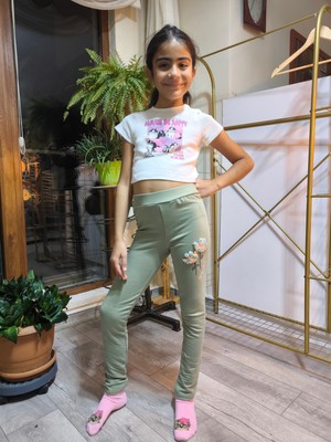 Şimo Butik Kız Çocuk Tayt Kışlık Şardonlu Pamuklu Beli Lastikli Nakışlı Lale Yeşil