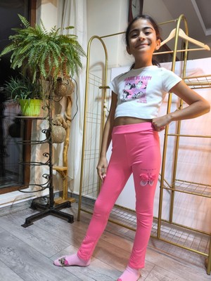 Şimo Butik Kız Çocuk Tayt Kışlık Şardonlu Pamuklu Beli Lastikli Nakışlı Kelebek Pembe