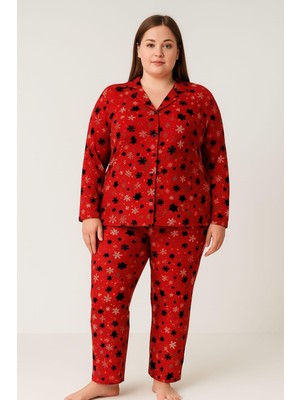 Pemilo Kadın 02170 Büyük Beden Süet Düğmeli Pijama Takımı Kırmızı