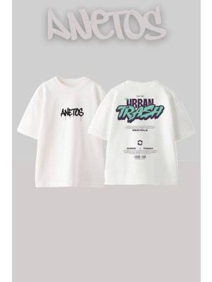 Anetos Urban Trash Tasarım Sırt Baskılı Pamuk Beyaz Oversize T-Shirt