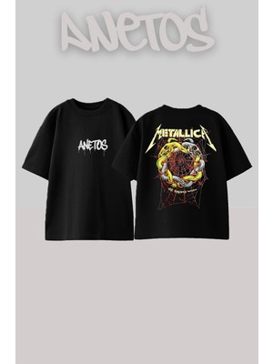 Anetos Metallica 20 Tasarım Sırt Baskılı Pamuk Siyah Oversize T-Shirt