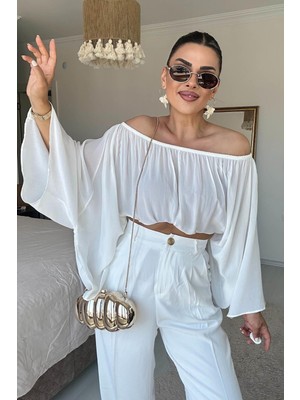 Eswomes Yaka Lastikli Yarasa Kol Oversize Bluz Beyaz