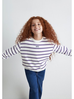 Mavi Kız Çocuk Mor Çizgili Logo Baskılı Sweatshirt Geniş Kalıp Bisiklet Yaka