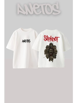 Anetos Slipknot 9 Tasarım Sırt Baskılı Pamuk Beyaz Oversize T-Shirt