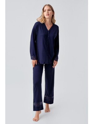 Artış Collection Uzun Kollu Düğmeli Dantelli Esnek Viskoz Pijama Takım 18206