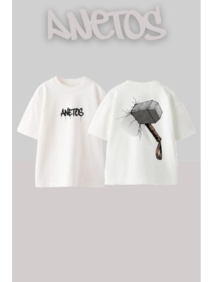 Anetos Thor Cekic Tasarım Sırt Baskılı Pamuk Beyaz Oversize T-Shirt