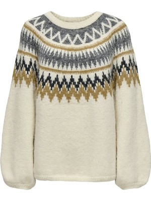 Only Kadın Onlreykja Desenli Sıfır Yaka Yünlü Kazak 15353221 Ekru