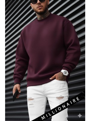 Millionaire Erkek Bordo Koyu Vişne Çürüğü Basic 0 Sıfır Yaka Baskısız Düz Oversize Salaş Bol Kesim Sweatshirt