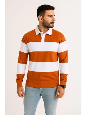 Silerra Erkek Polo Yaka Uzun Kollu Çizgili Sweatshirt Trend Rugby Stil - Turuncu