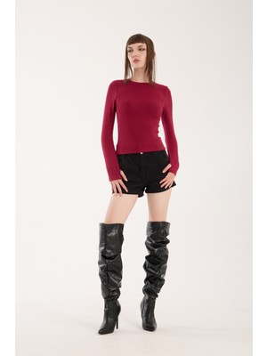 Parmak Geçmeli Uzun Kollu Body - Uzun Kol Body Bisiklet Yaka Likralı