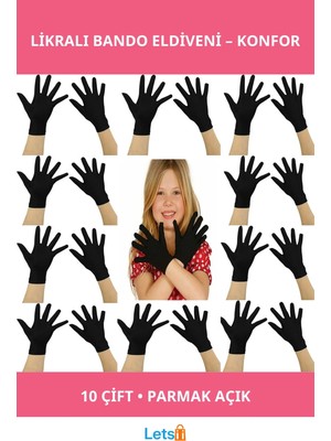 Letsii Siyah Likralı Esnek Bando Gösteri Eldiveni 10 Çift