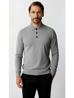 İGS Koyu Gri  Standart Fit Dar Kalıp Polo Yaka Düz Uzun Kollu  Triko