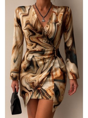 Hariqa Kadın Uzun Kollu Kruvaze Yakalı Asimetrik Detaylı Mini Modal Elbise