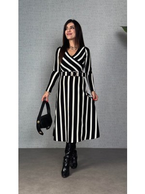 Hariqa Kadın Uzun Kollu Kruvaze Yaka Kemer Dahil Çizgili Triko Elbise