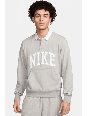 Nike Clup Fleece Long-Sleeve Fleece Polo Mens Sweatshirt Erkek Pamuklu Polo Yaka Sweatshirt Gri
