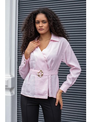 Jument Kadın Ipeksi Dokulu Likrasız Modal Kumaş Yakalı Anvelop Kemerli Şık Bluz-Pembe