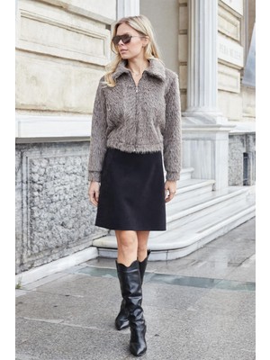 Jument Kadın Hafif Likralı Nubuk Kumaş Diz Boy Çan Etek-Siyah