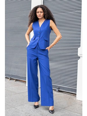 Jument Kadın Yüksek Bel Yan Cepli Bol Paça Rahat Kesim Palazzo Kumaş Pantolon-Indigo