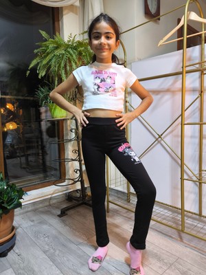 Şimo Butik Kız Çocuk Tayt Kışlık Şardonlu Pamuklu Beli Lastikli Kuromi Siyah