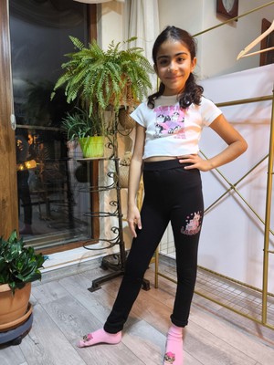 Şimo Butik Kız Çocuk Tayt Kışlık Şardonlu Pamuklu Beli Lastikli Labubu Siyah