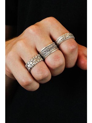 Renery 3 Adet 925 Ayar Gümüş Kaplama Ayarlanabilir El Yapımı Alyans Erkek Kadın Yüzük Seti