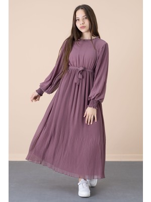 Cansın Mini Kız Çocuk Elbise Kuşaklı ve Fırfırlı Şifon Tasarım Özel Günler İçin Gül Kurusu