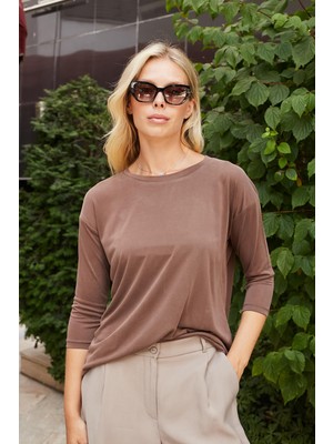 Jument Kadın Kaliteli Modal Esnek Kumaş Geniş Sıfır Yaka Kapri Truvakar Kol Hafif Salaş Bluz-Kahve