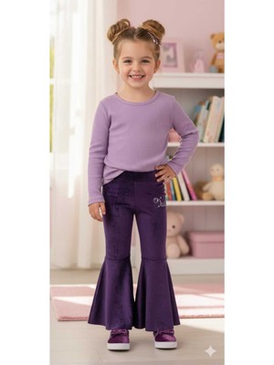 Şimo Butik Kız Çocuk Fransız Kadife Geniş Dökümlü Ispanyol Paça Tayt Ohlala Mor