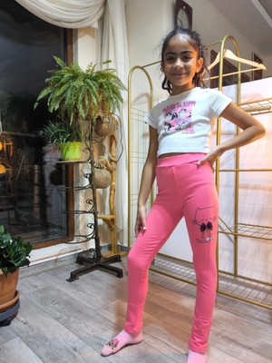 Şimo Butik Kız Çocuk Tayt Kışlık Şardonlu Pamuklu Beli Lastikli Kedili Pembe